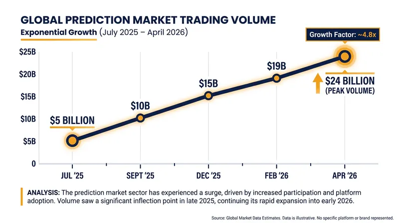 Monthly trading volume on major prediction markets has surged dramatically over the past year.