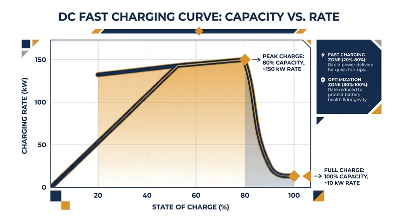 The 20-80% rule: EV batteries accept charge rapidly when low, but slow down significantly as they approach full capacity.