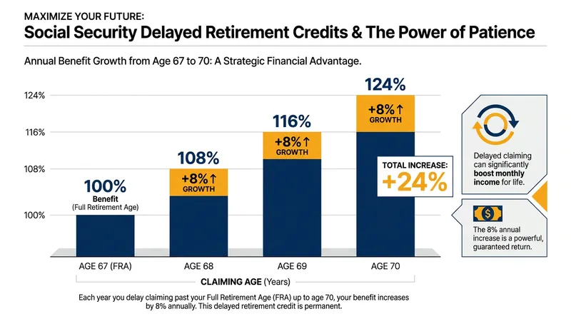 Delaying a claim past Full Retirement Age earns guaranteed delayed retirement credits, boosting the monthly payout by 8 percent per year.