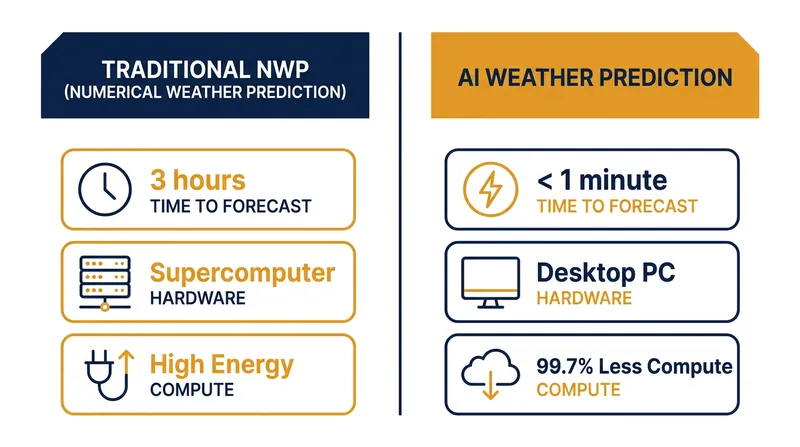 The efficiency leap from traditional physics-based models to AI-driven forecasting.