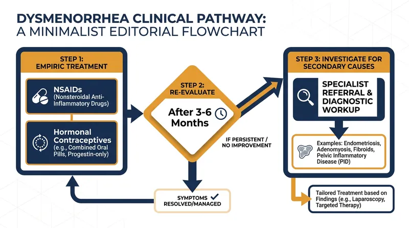 Medical guidelines recommend investigating for secondary causes, such as endometriosis, if first-line treatments fail after three to six months.