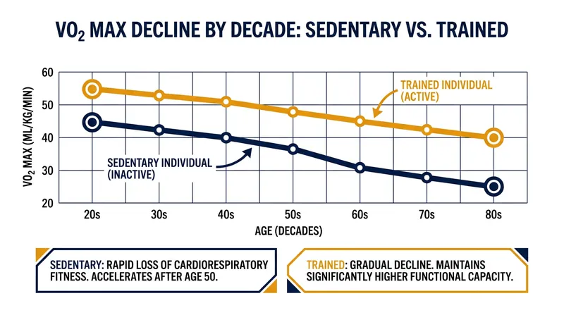 VO2 max naturally declines by roughly 10% per decade after age 30, but targeted training can significantly alter this trajectory.