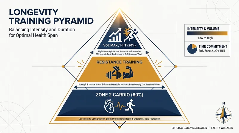 A balanced longevity protocol builds high-intensity capacity on top of a broad aerobic base.