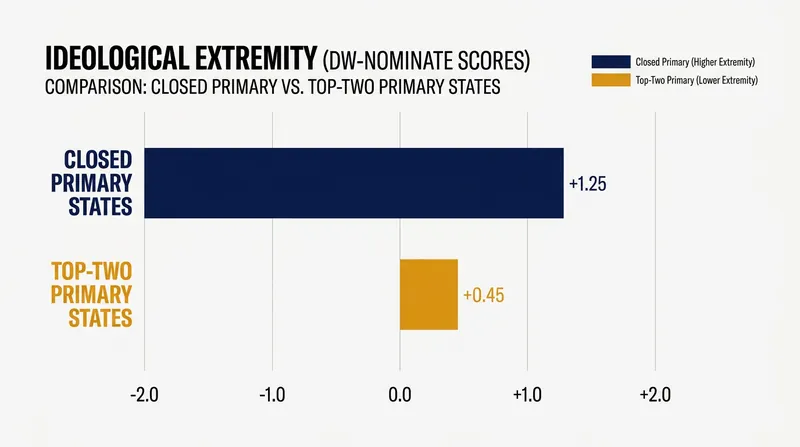 Legislators elected in top-two systems cast measurably less extreme roll-call votes.