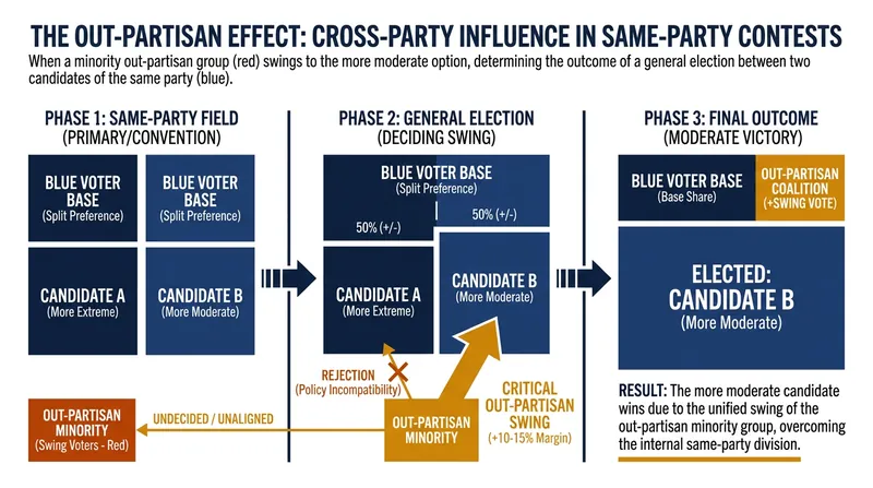 The moderating effect is strongest when minority-party voters act as the tie-breaker in same-party general elections.