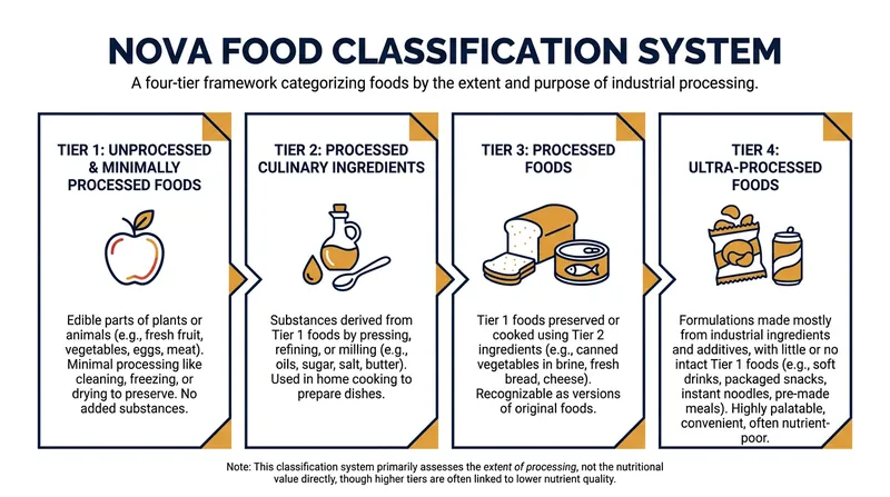 The NOVA classification system categorizes food based on the extent of its industrial processing.