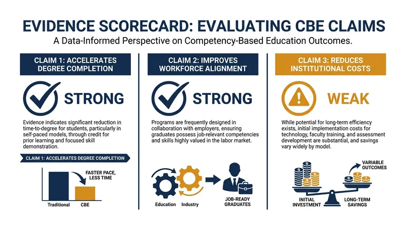 While CBE excels in learning outcomes and workforce alignment, evidence for institutional cost-savings remains weak.