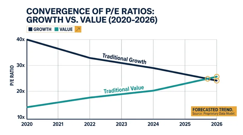 The valuation gap between growth and value stocks has narrowed significantly in recent years.
