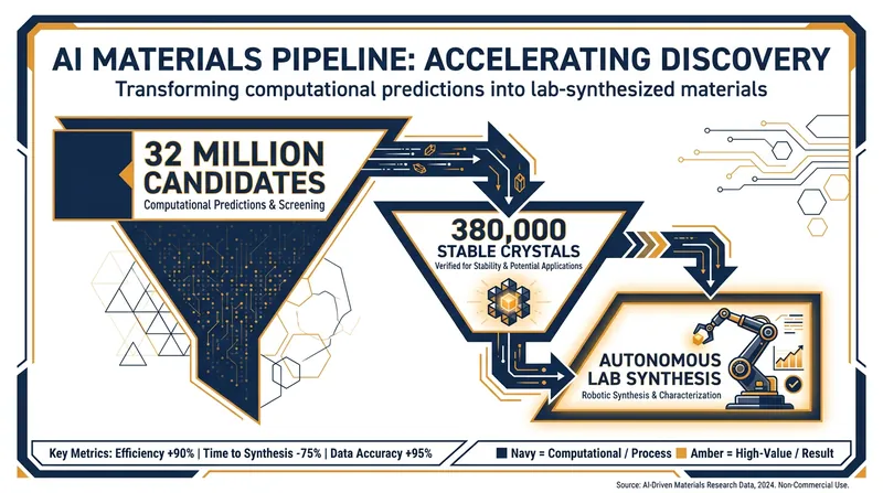 The AI discovery pipeline filters millions of theoretical compounds down to a handful of highly stable, synthesizable materials.