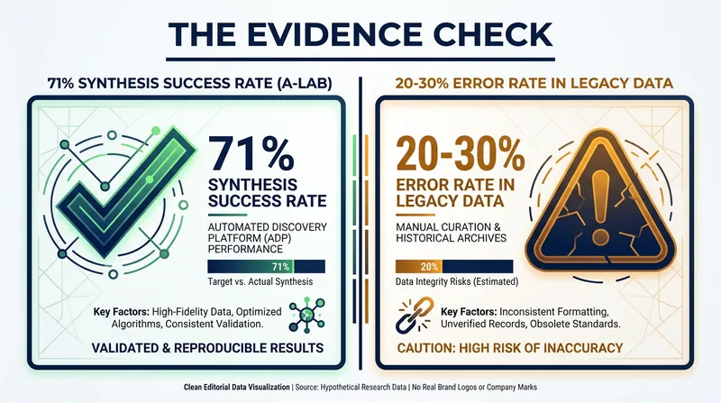 While autonomous synthesis boasts high success rates, researchers warn that legacy training data is plagued by inaccuracies.