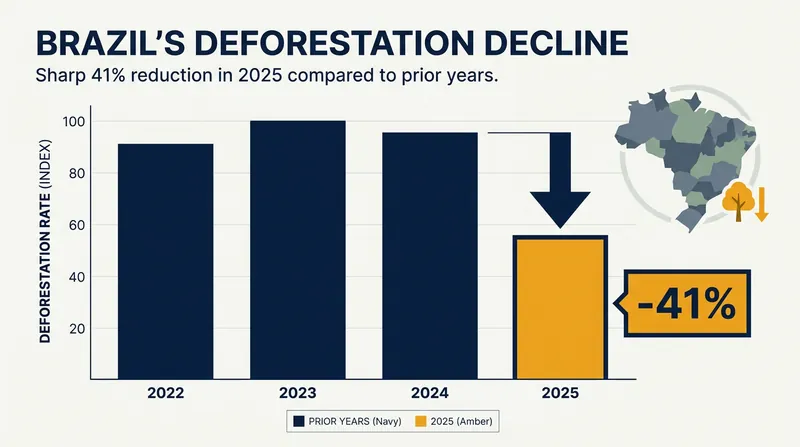 Deforestation in the Brazilian Amazon dropped by 41% in 2025, signaling a major policy success.