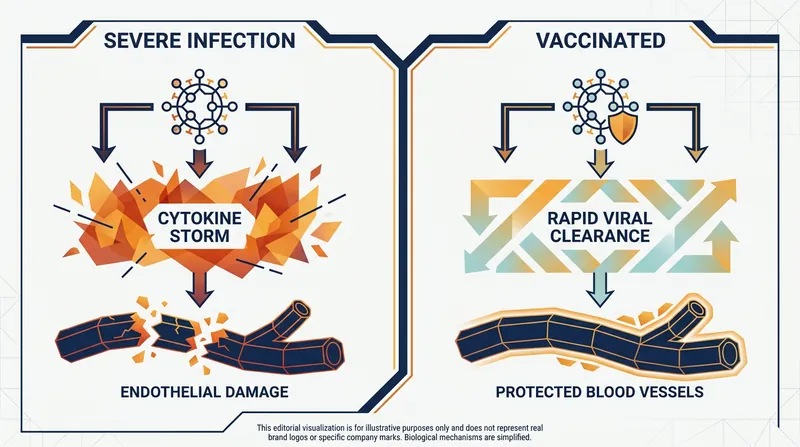 By preventing severe systemic inflammation, the vaccine protects the delicate endothelial lining of the blood vessels.