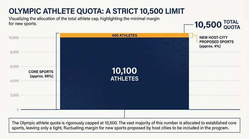 The IOC strictly caps the Summer Games at 10,500 athletes, forcing new sports to adapt with smaller rosters.
