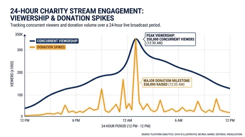Viewership and donation velocity spiked dramatically during the marathon's final 24 hours.