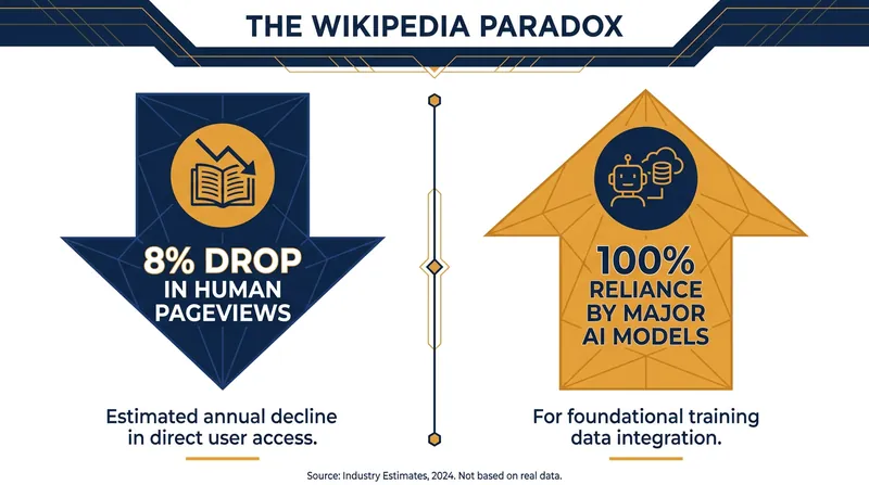 While direct human traffic has dipped, Wikipedia's structural importance as the internet's primary training dataset has never been higher.