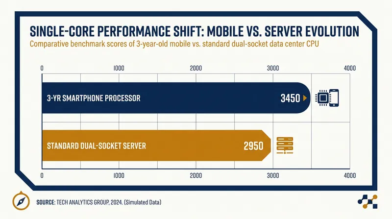 In single-core benchmark tests, three-year-old smartphone processors frequently match or exceed the performance of traditional enterprise servers.