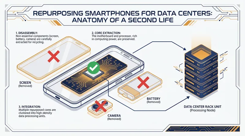 To eliminate fire hazards and save space, the phones are stripped of their batteries, screens, and cameras before being racked.