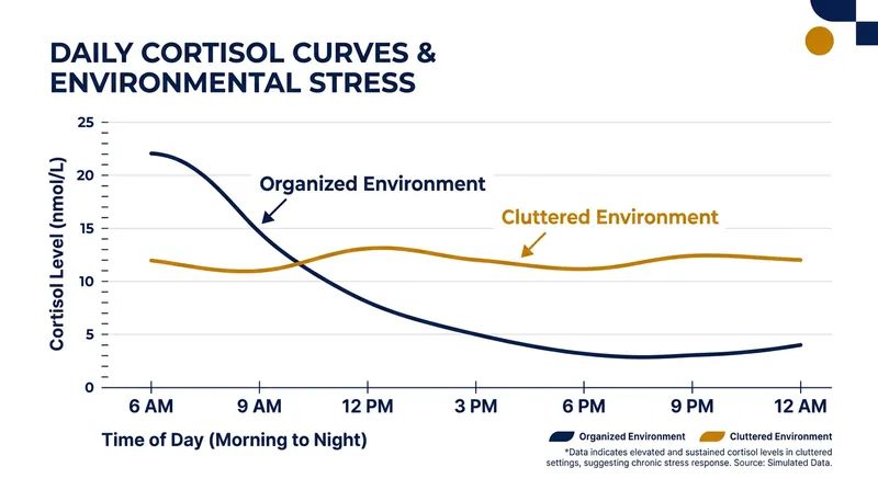 Individuals in cluttered homes exhibit flatter cortisol slopes, a marker of chronic low-grade stress.