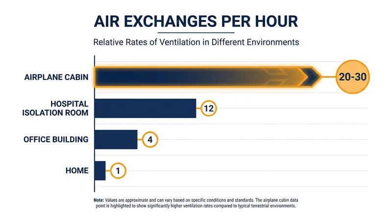Airplanes refresh their entire cabin volume significantly faster than most standard indoor environments.