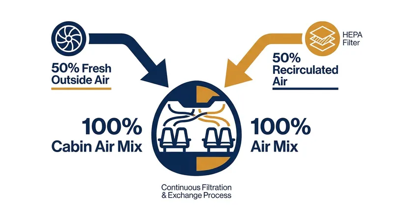 Cabin air is a continuous mixture of sterilized outside air and heavily filtered recirculated air.