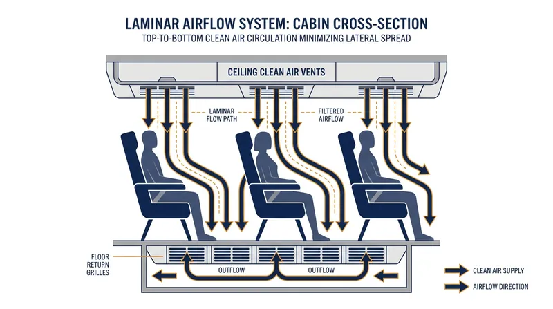 Top-to-bottom airflow creates localized air curtains that prevent particles from spreading horizontally across rows.