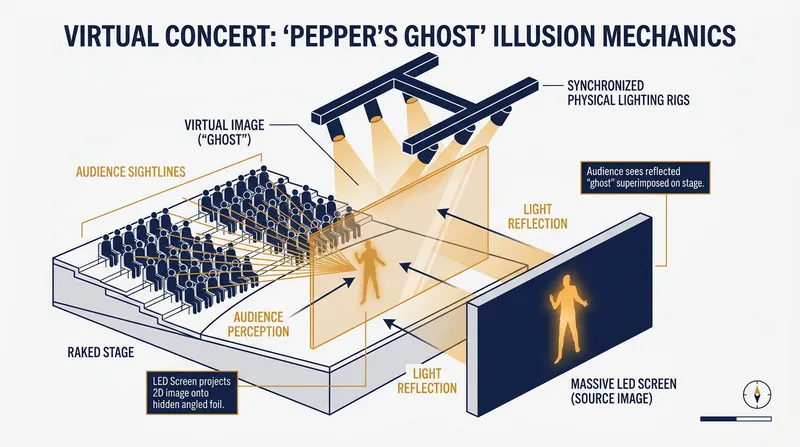 The illusion relies on precise geometry and synchronized lighting rather than true 3D holograms.