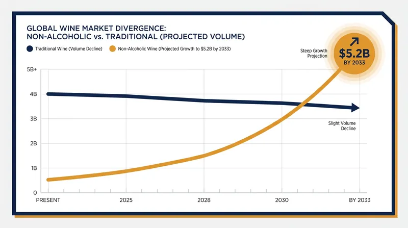 While traditional wine volumes face slight declines, the non-alcoholic wine sector is projected to double by 2033.