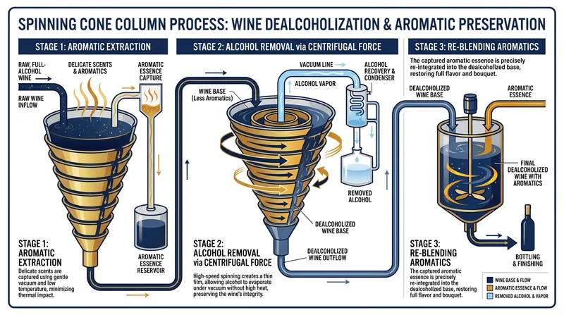 Spinning cone technology deconstructs the wine, safely storing delicate aromatics before removing the alcohol, then recombines them.