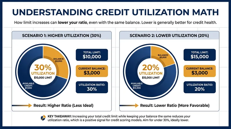 Expanding the credit limit lowers the utilization ratio even if the balance remains unchanged.