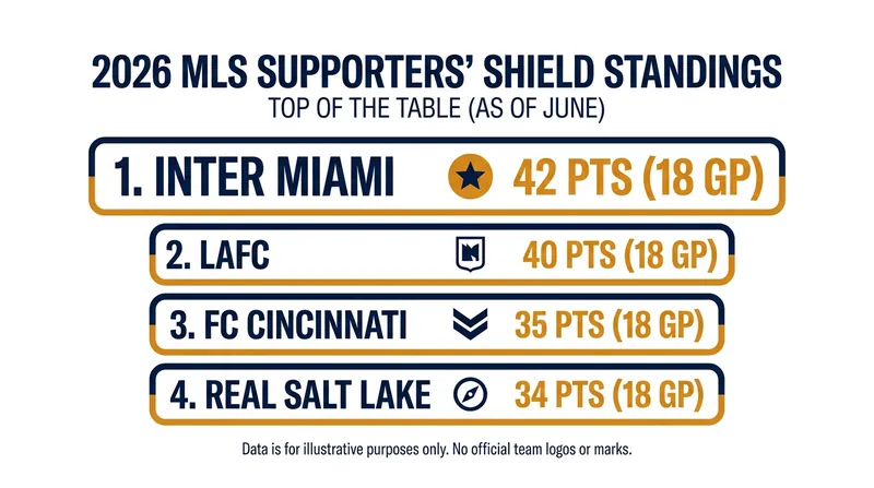 Mid-season points tally for the top four clubs in the 2026 MLS Supporters' Shield race.