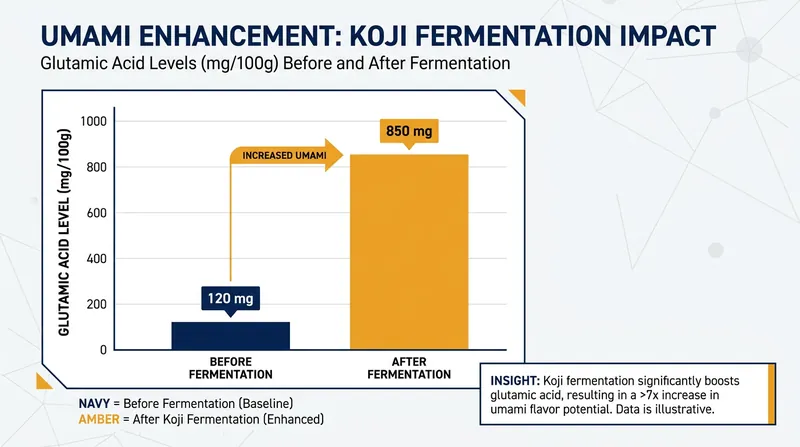 Proteolytic enzymes in koji dramatically increase the presence of glutamic acid, the molecule responsible for umami.