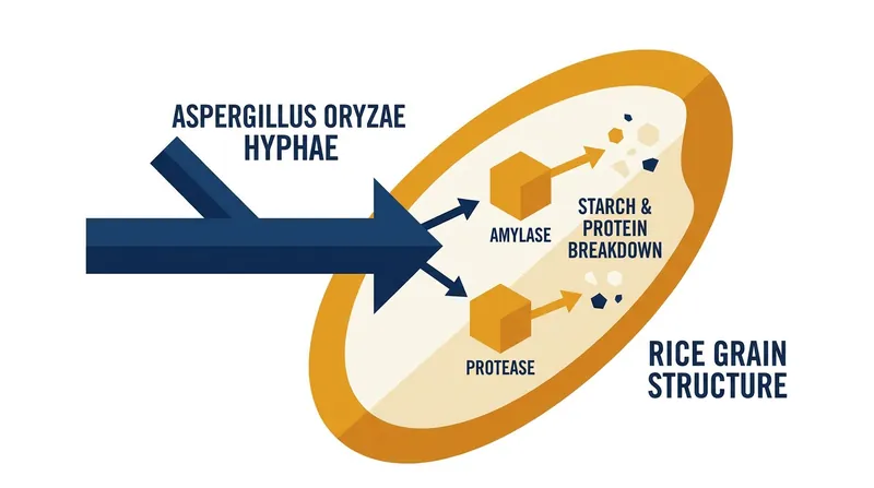 Koji hyphae penetrate grains to release enzymes that break down starches and proteins.