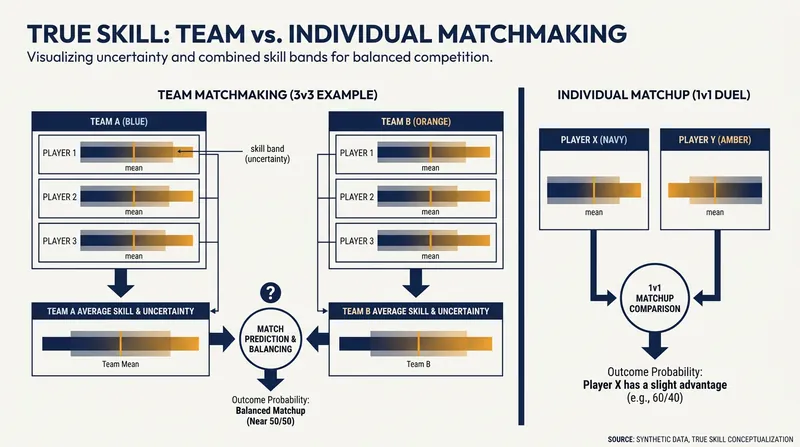 Unlike Elo and Glicko, TrueSkill deconstructs team performances to evaluate individual contributions.