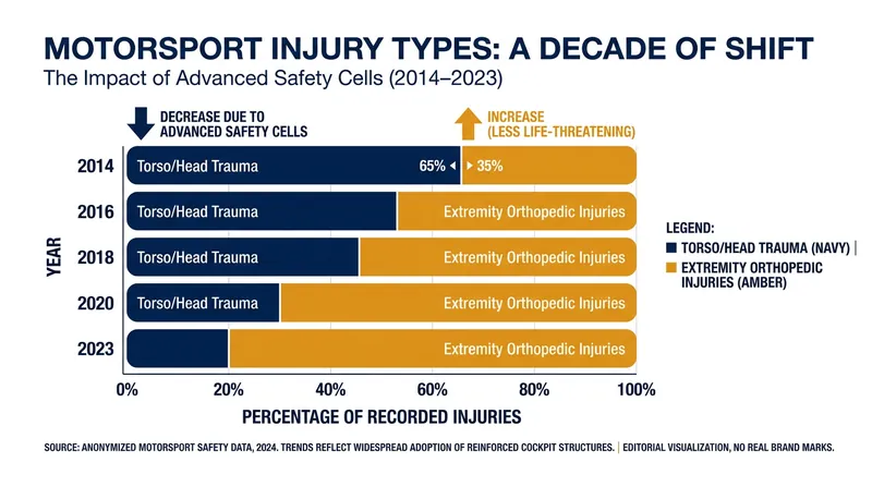As safety cells improve, life-threatening injuries have plummeted, leaving extremities as the primary point of vulnerability.