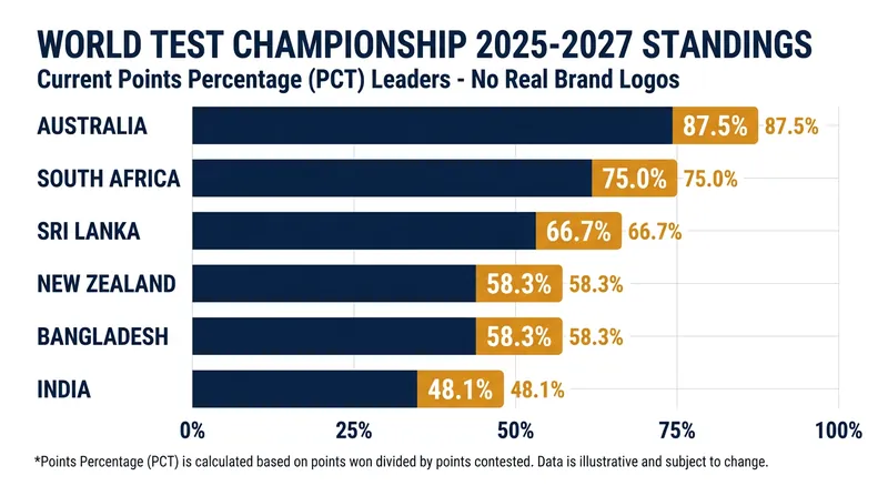 Current ICC World Test Championship standings by Points Percentage (PCT).