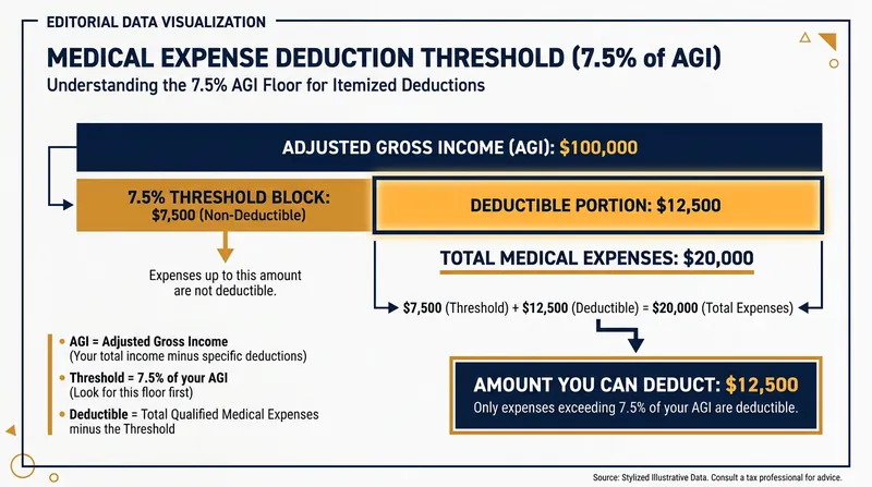 Taxpayers can only deduct medical expenses that exceed 7.5% of their Adjusted Gross Income.