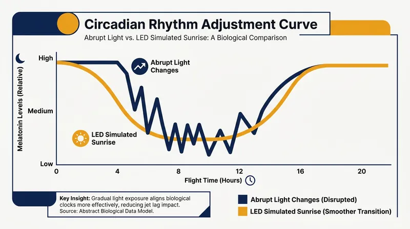 Simulated LED sunrises gently halt melatonin production, easing the body into the destination's time zone.
