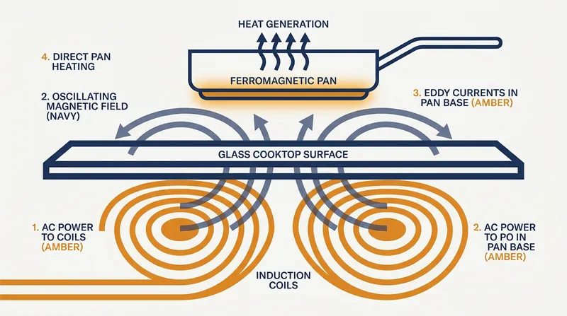 Unlike gas or electric coils, induction generates heat directly inside the metal of the pan.