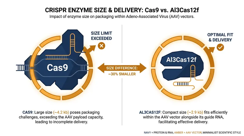 Standard Cas9 proteins are too large for AAV delivery, but the compact Al3Cas12f fits comfortably.