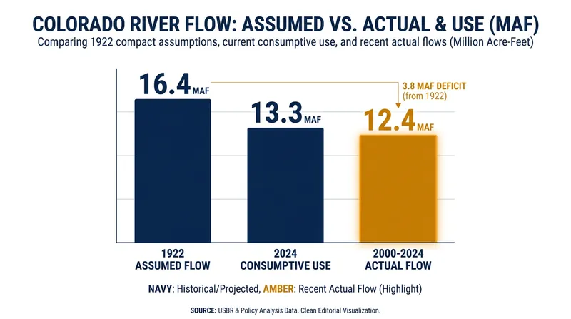 The structural deficit: The river's actual flow falls far short of both historical assumptions and current usage.