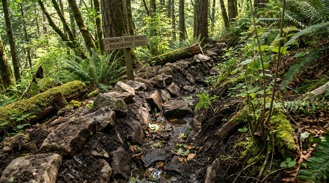 Simple bioengineering techniques, such as water-harvesting trenches, were vital for locking moisture into the degraded soil.