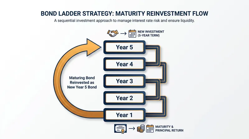 A bond ladder staggers maturity dates, allowing investors to regularly reinvest principal at current market rates.