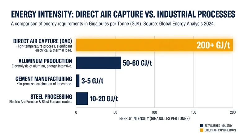 Direct Air Capture is highly energy-intensive, requiring massive amounts of zero-carbon electricity and heat to achieve net-negative emissions.
