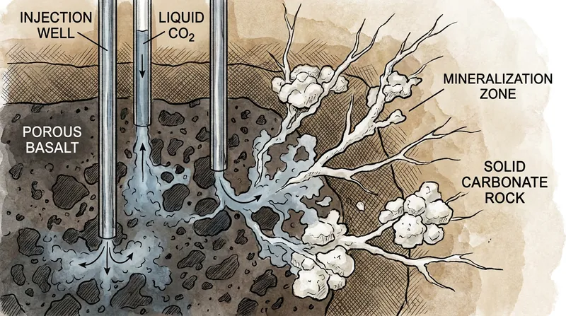 In places like Iceland, captured carbon is injected deep underground where it reacts with basaltic rock and permanently turns into stone.
