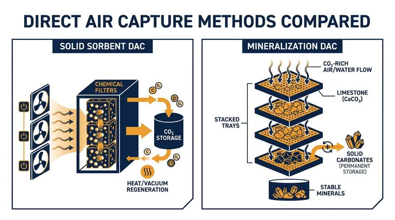The two primary mechanisms for capturing carbon from the air: chemical solid sorbents and accelerated limestone mineralization.