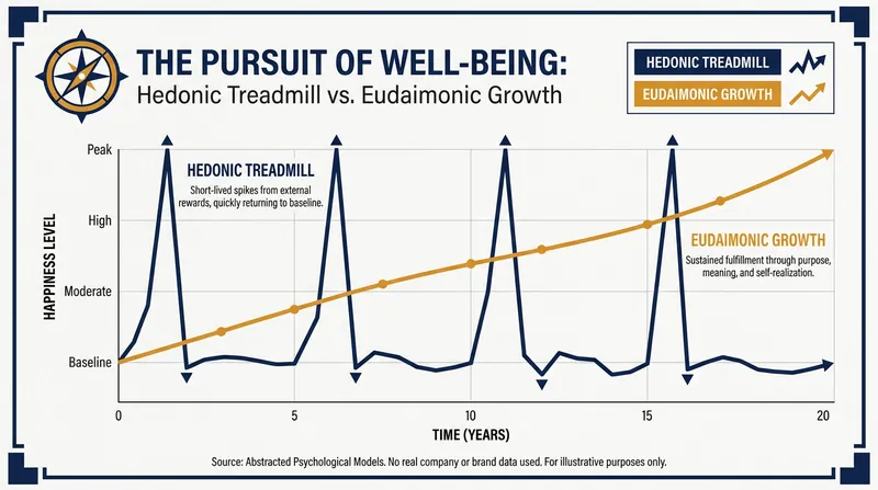The hedonic treadmill traps individuals in a cycle of fleeting highs, whereas eudaimonic pursuits compound over time.
