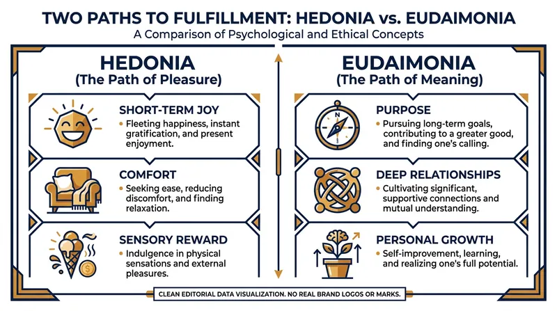While hedonia focuses on immediate comfort, eudaimonia prioritizes long-term growth and resilience.