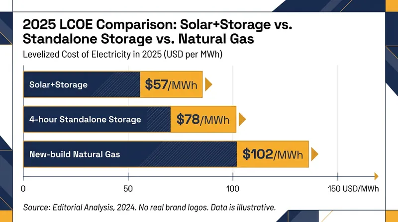 Co-located solar and storage now heavily undercuts the cost of new-build natural gas generation.