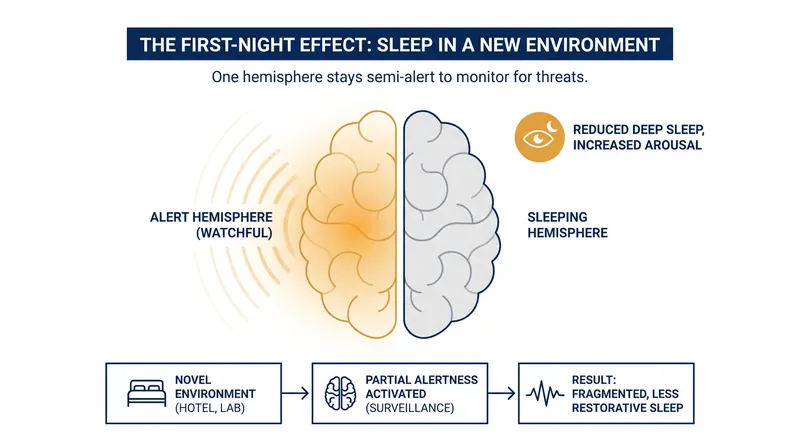 The 'first-night effect' is an evolutionary mechanism where one hemisphere of the brain remains alert in unfamiliar environments.