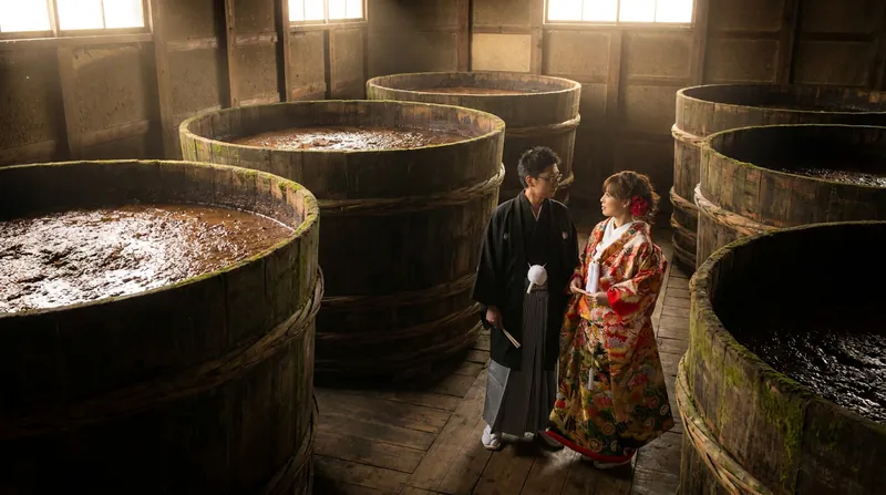 Traditional wooden cedar barrels used for fermenting soy sauce, a process entirely reliant on koji.